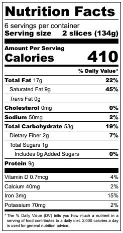 Vegan French Toast - Nutrition Label