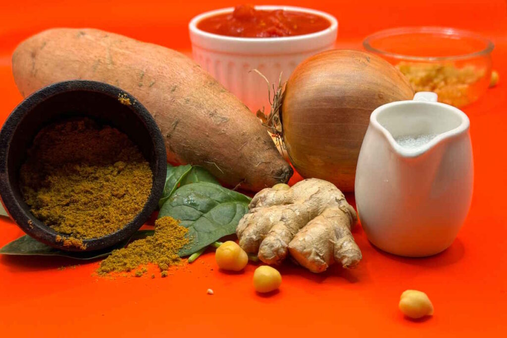 Chickpea spinach and sweet potato curry ingredients.