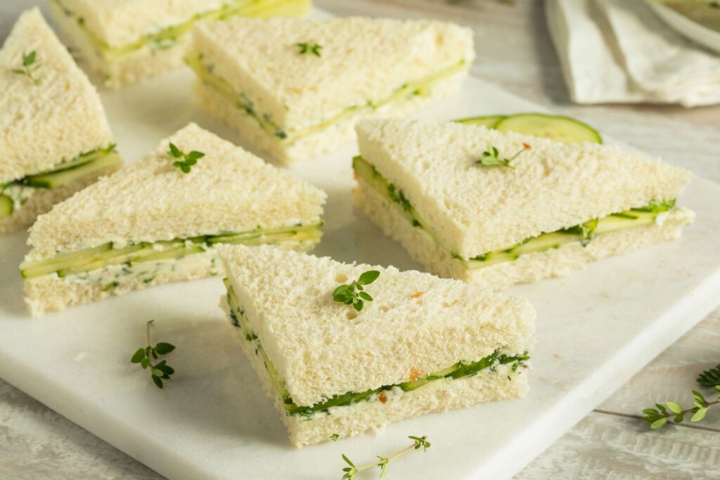 Vegan Cucumber and Cream Cheese Sandwiches with White Bread without Crusts 