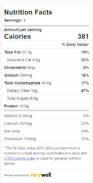 Lentil Shepard's Pie Nutrition Label