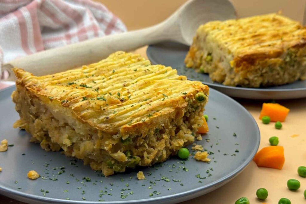 Shepherd's pie made with lentils, peas and carrots.