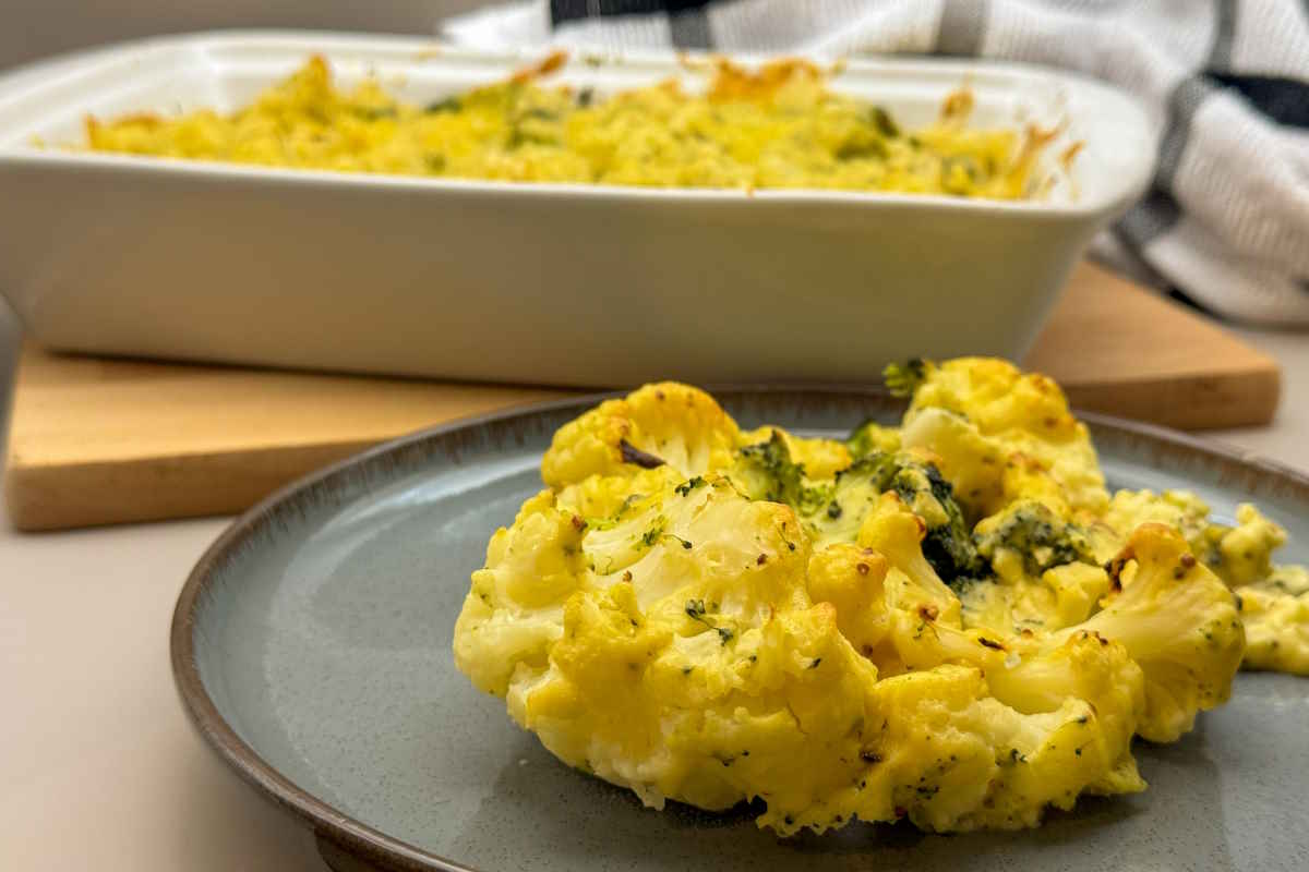Vegan Roasted Broccoli and Cauliflower Cheese Bake