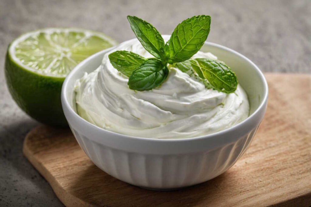 Vegan sour cream made from lime and coconut cream.