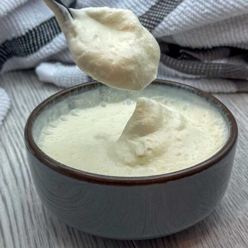 Ramekin of thick creamy vegan sour cream.