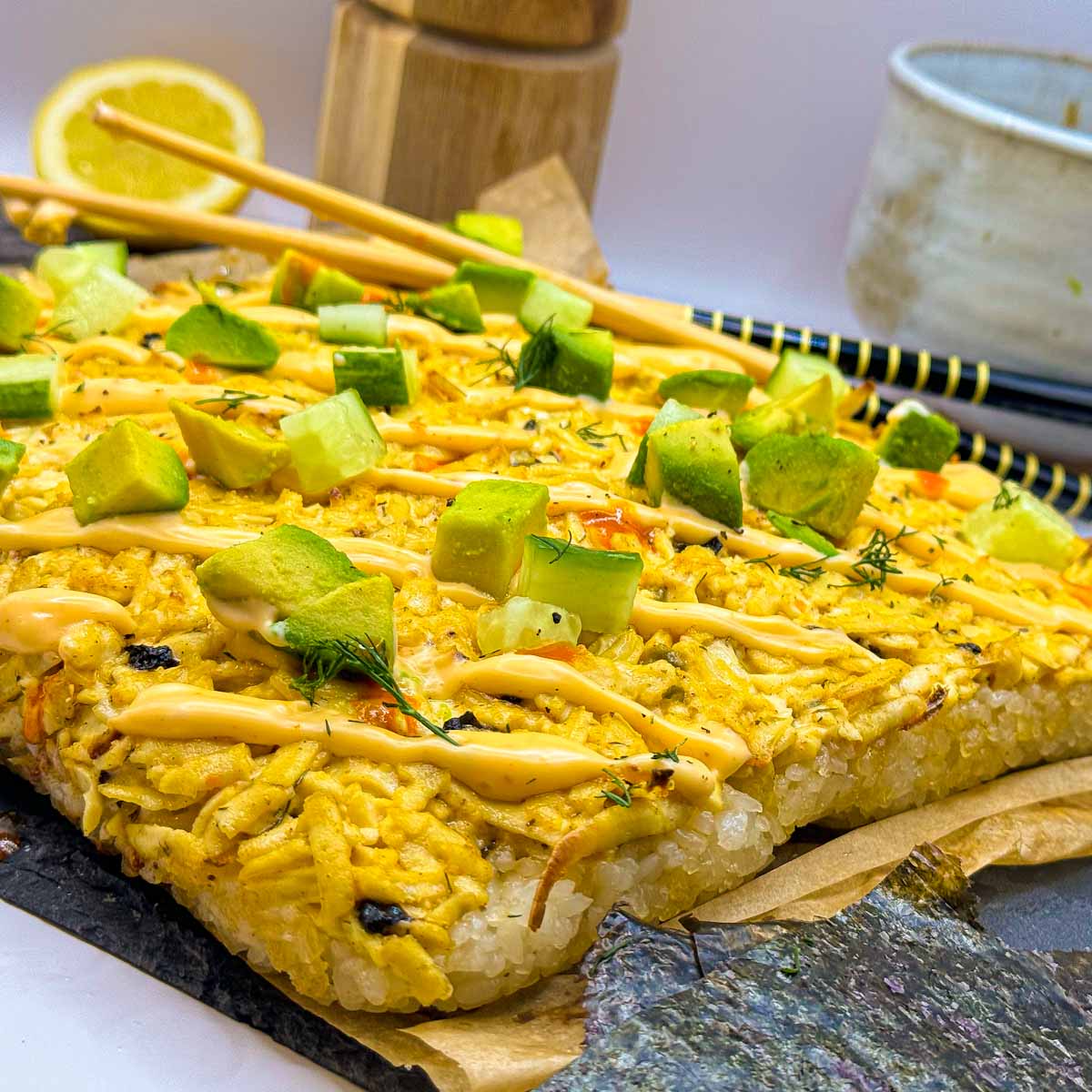 Easy Vegan Sushi Bake with Tofu Crab Topping