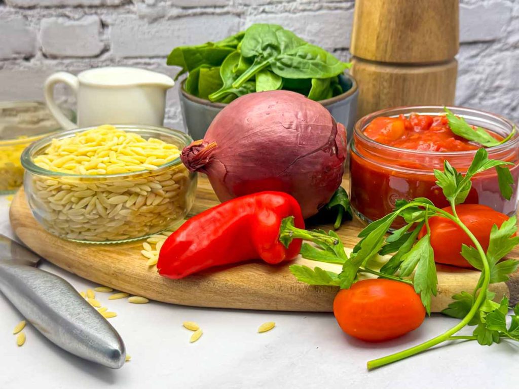 Creamy Tomato and Spinach Vegan Orzo Recipe Ingredients