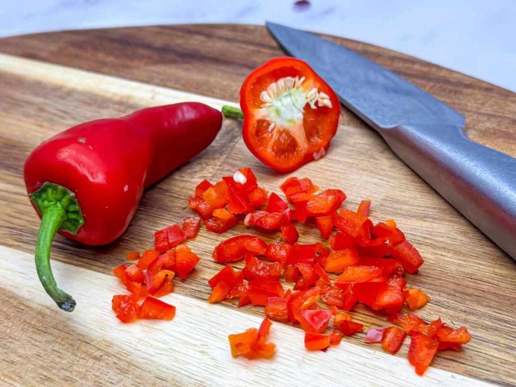 Halved, de-seeded and diced red chillies.