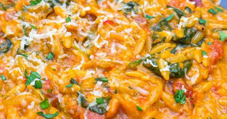 Creamy Spinach and Tomato One Pot Vegan Orzo Recipe